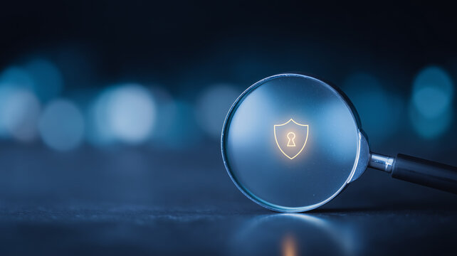 A magnifying glass focused on a security shield represents cybersecurity inspection privacy protection and digital risk assessment.
