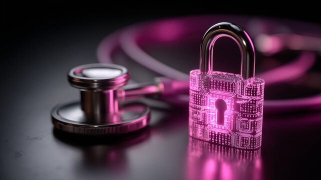 A stethoscope beside a digital padlock represents healthcare data security patient privacy and protection of medical information.
