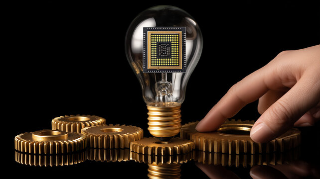 A microchip inside a light bulb surrounded by gears represents artificial intelligence innovation engineering and automated problem solving.
