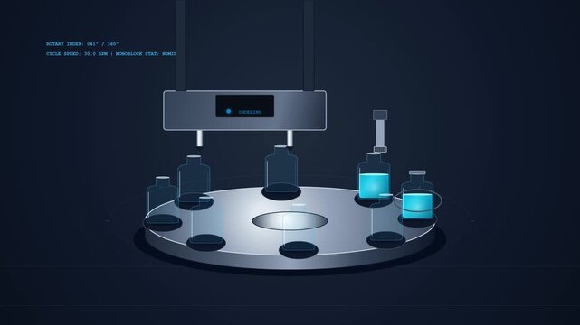 Automated Rotary Liquid Bottle Filling and Capping Machine in High-Tech Factory Seamless Looping Video Background
