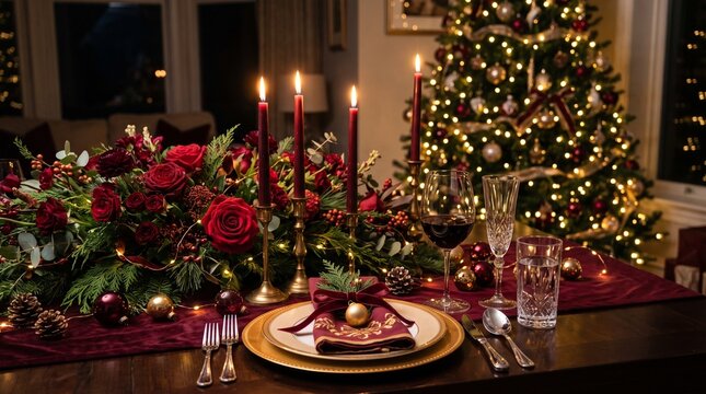 Festive christmas dinner table decorated with red roses and candles.