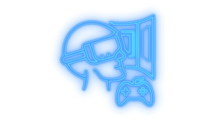 Glowing neon virtual reality gaming icon showing a head wearing vr headset gamepad controller and screen isolated on transparent background for esports and metaverse concepts © MdSamsul1234