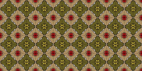 Rustic moss green and brown Indonesian batik seamless pattern for authentic ethnic crafts, traditional textiles, and heritage graphics. © MDC