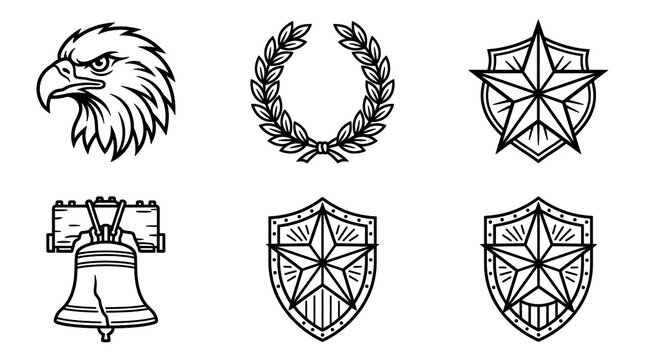 Patriotic outline icons set isolated on transparent background with eagle and liberty bell design