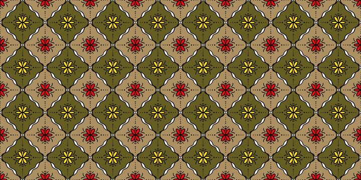 Rustic moss green and brown Indonesian batik seamless pattern for authentic ethnic crafts, traditional textiles, and heritage graphics.
