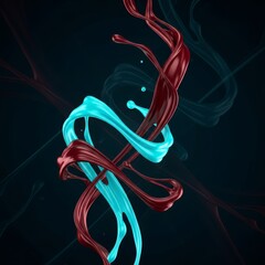 Fototapeta premium Swirling electric cyan and wine red fluid trails dance across a dark void, featuring faint background textures of mysterious linear shapes, abstract, mysterious, glowing