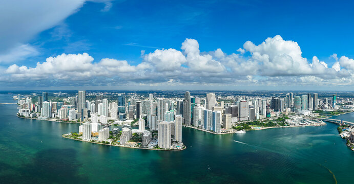 Cityscape skyscraper in Florida. Panoramic skyline cityscape. City panorama. City downtown with skyscraper. Aerial Miami panorama. Panoramic Brickell Key. Skyscraper building architecture
