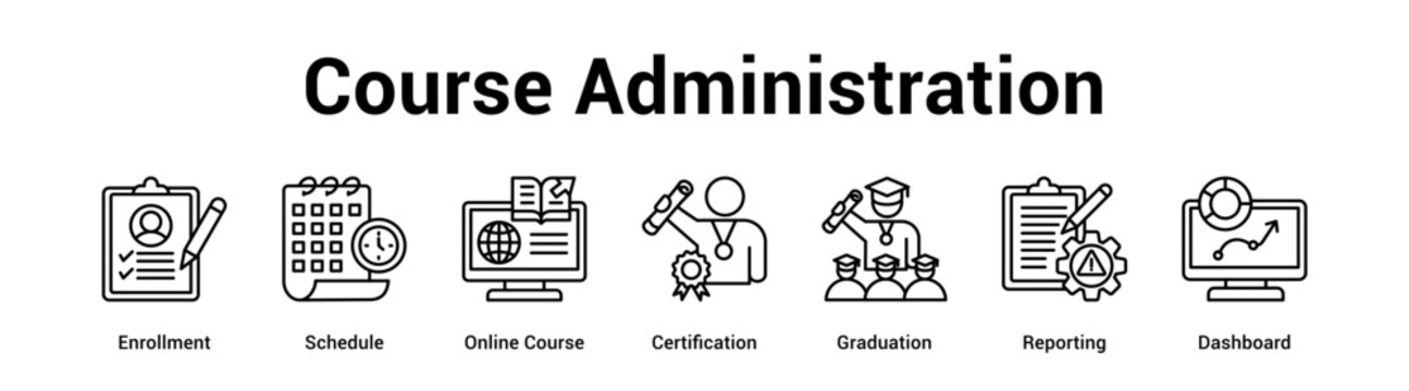 Course Administration web banner icon vector illustration concept for business with icon of Enrollment, Schedule, Online Course, Certification, Graduation.