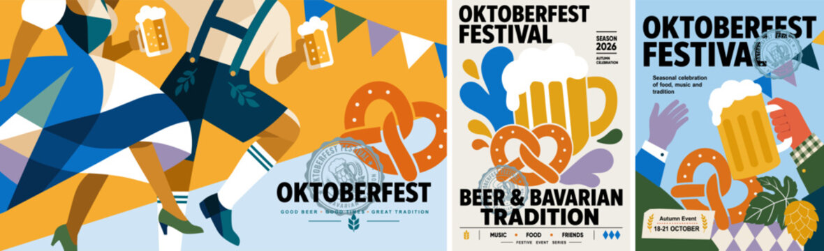 Oktoberfest beer festival. Vector abstract modern illustrations of people dancing in Bavarian costumes, a mug, an autumn event, and pretzel for poster, banner, background, promotions, or greeting card