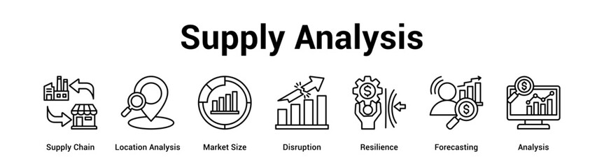 Obraz premium Supply Analysis web banner icon vector illustration concept for business with icon of Supply Chain, Location Analysis, Market Size, Disruption, Resilience.