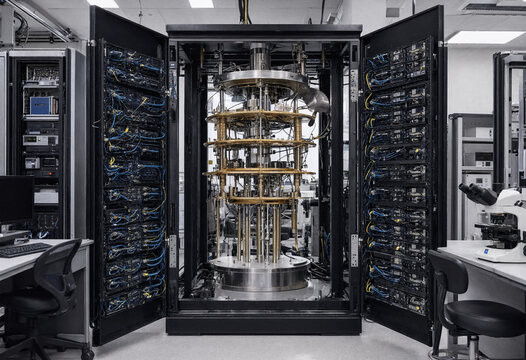 Large quantum computer machine inside physics research laboratory room facility background