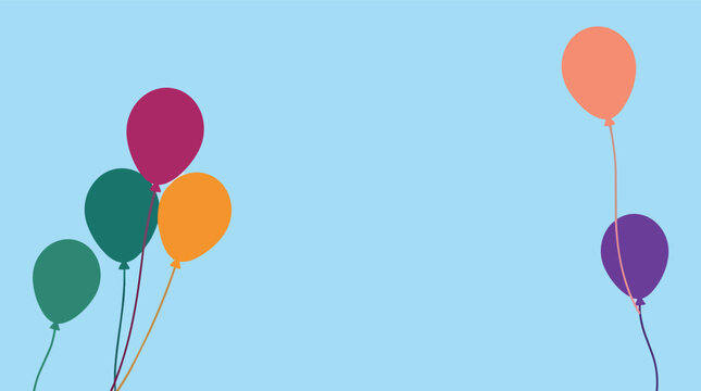 Colorful festive balloons floating in clear blue sky background in modern flat vector style for birthday party invitations