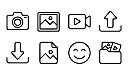 Fototapeta premium Title: Media and file management linear icon set line art vector icons for photo video gallery upload download folder emoji UI