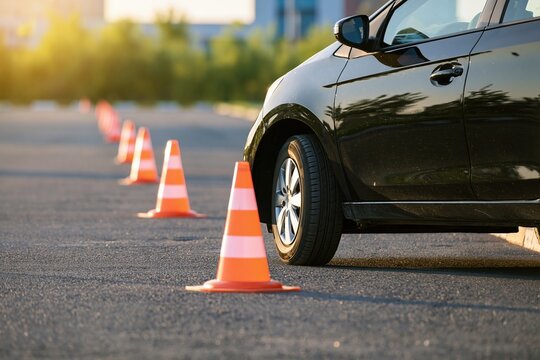 Car and vehicle parked on asphalt during a driving training lesson with cones