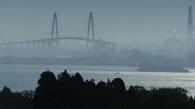 濃い霞（朝霧・黄砂）に包まれた新湊大橋と手前の森のシルエット