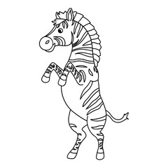 Naklejka premium Cute zebra standing and raising legs, adorable striped animal outline illustration for children.