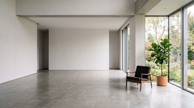 Minimal living room with armchair and fiddle leaf fig by garden view
