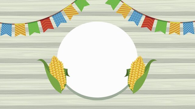 Festa junina animation with corn cobs and garlands on a wooden background motion graphic.