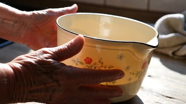 Human hands carefully holding and examining favorite vintage enamel pot outdoors on wooden surface