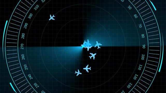 Air traffic control tower with radar Hud, Aircraft signal guidance radar concept on dark background. Global military radar screen displaying aircraft targets.