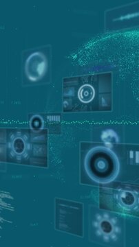 Animation of data processing and globe on blue background