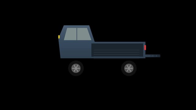 Flat Design Blue Pickup Truck Animation with Tailgate Dropping on Black Canvas 4K 60fps