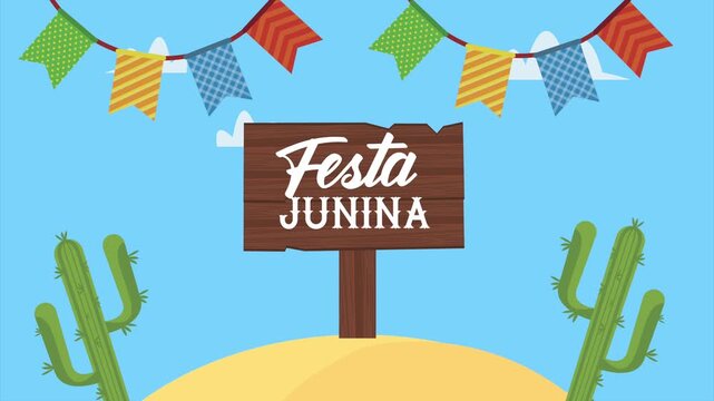 Festa Junina celebration with colorful flags and cactus desert background motion.