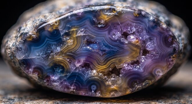 Macro shot of a polished agate geode showing crystal patterns and vibrant colors