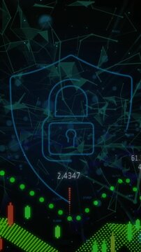 Animation of graph with data processing and padlock icon on black background