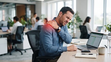 Obraz premium Man feels shoulder pain office