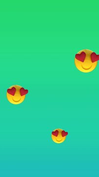 Digital animation of multiple heart eyes face emojis floating against green gradient background