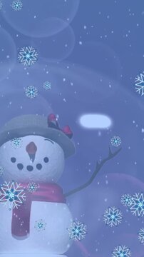 Animation of snowflake icons falling over snowwoman icon against spots of light on blue background