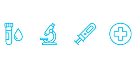 Obraz premium Medical science icons representing healthcare and research. Set of medical symbols including test tube, drop of liquid, microscope, syringe, and a cross in a circle, in a clean.