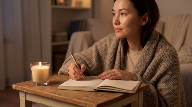 Woman writing in journal by candlelight at home cozy evening reflection and journaling