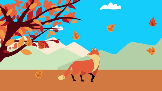 Autumn scene with fox standing under falling leaves from tree.