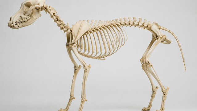 Ultra realistic canine skeleton model displayed in profile, isolated against a clean neutral background, featuring detailed bones, natural shadows, and crisp commercial photography.