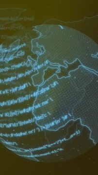 Animation of data processing over spinning globe and world map against grey background
