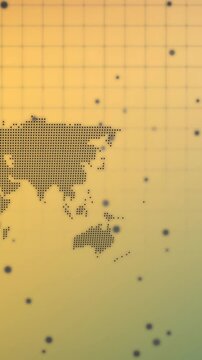 Animation of black spots over world map and spinning globe against orange gradient background