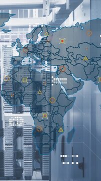 Animation of circuit board pattern and map over bars on data server system in background