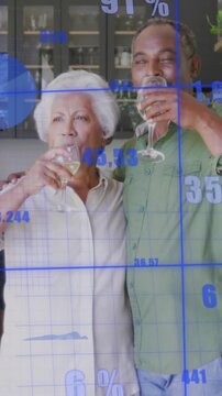 Animation of multiple graphs and changing numbers, diverse couple spending quality time at home