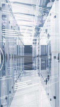 Animation of hud screens with numbers and letters over illuminated data server racks