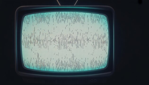 Vintage television screen displaying static noise signal in a dark room with black and white television broadcast electronic interference