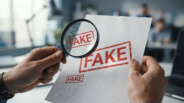 Close-up of a person holding a document with the word 'FAKE' stamped on it, viewed through a magnifying glass, representing deception and misinformation