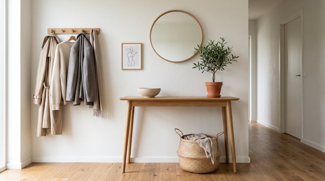 Minimalist entryway interior with wooden console table, round mirror, and coat rack holding beige coats, modern scandinavian home decor, bright hallway with plant and basket