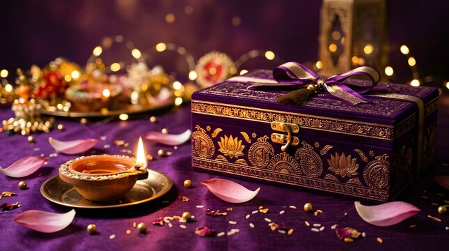 Diwali gift box with lit diya lamp and flower petals