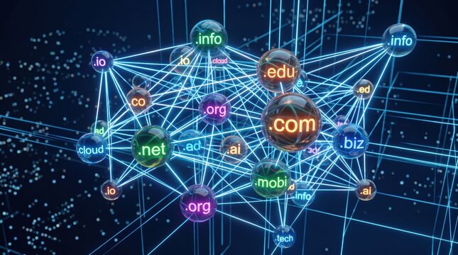 Abstract 3D illustration of global internet network connections featuring glowing domain name extensions like com, net, org, edu connected by digital lines