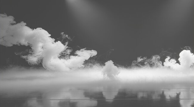 Dense white smoke or mist rolling across a dark stage floor with theatrical smoke stage fog abstract background theatrical performance grey smoke