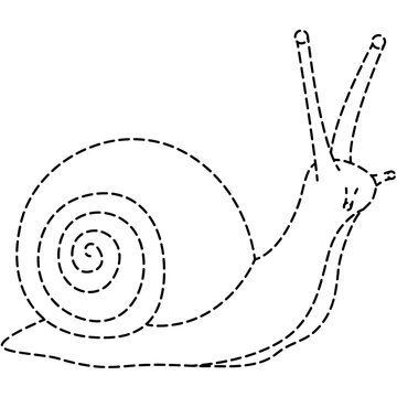 Cute snail crawling, dotted outline animal illustration with spiral shell for children coloring.