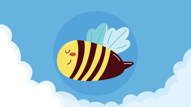 Cute cartoon bee character flying through blue sky with fluffy white clouds and soft motion effects.
