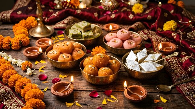 Traditional indian diwali sweets and diyas on a festive table